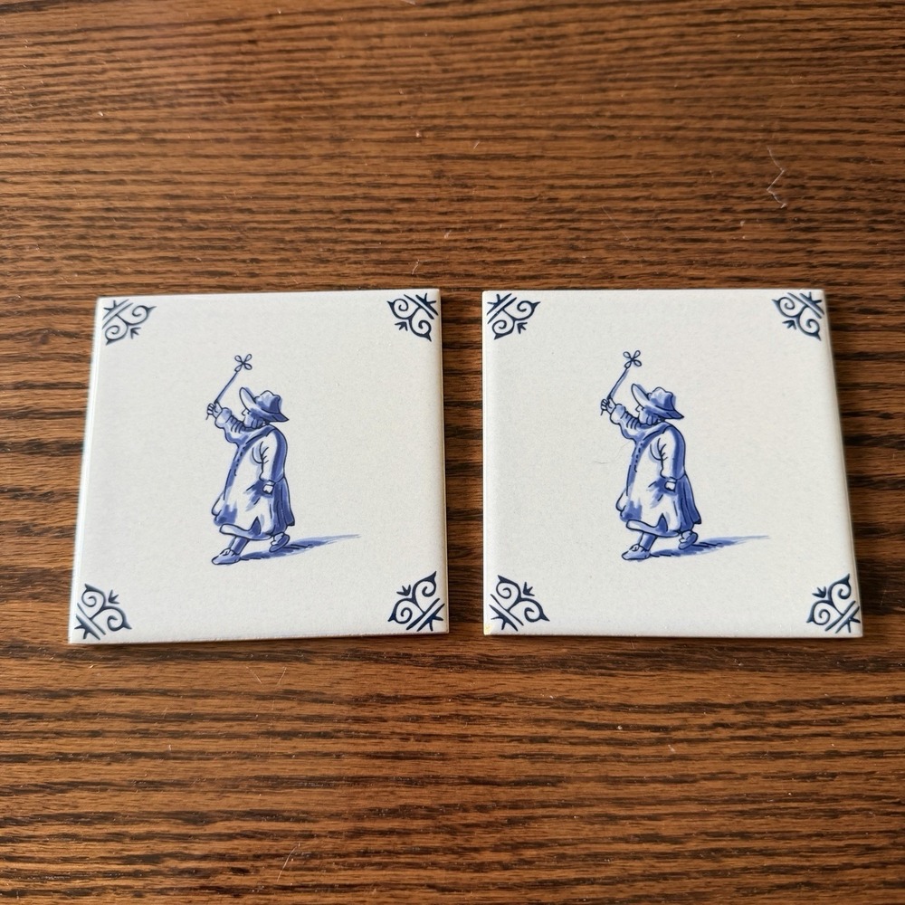 Delft‎ Blue Tile Child's Play Scene 'Windmill' 3.94" X 3.94" Set Of 2